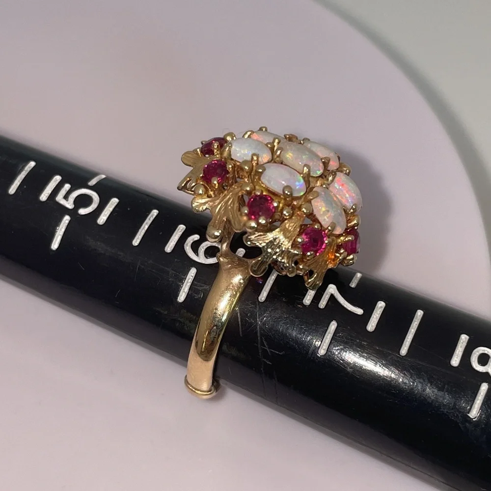 Solid Real 14K Yellow Gold Leaves Opal Ruby Bold Statement Ring Vintage Antique